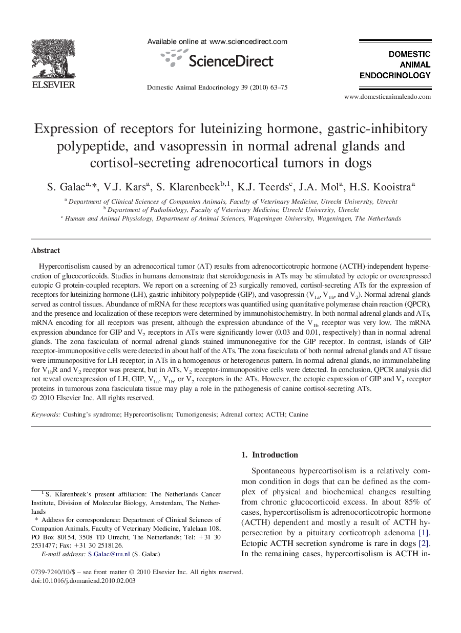 Expression of receptors for luteinizing hormone, gastric-inhibitory polypeptide, and vasopressin in normal adrenal glands and cortisol-secreting adrenocortical tumors in dogs