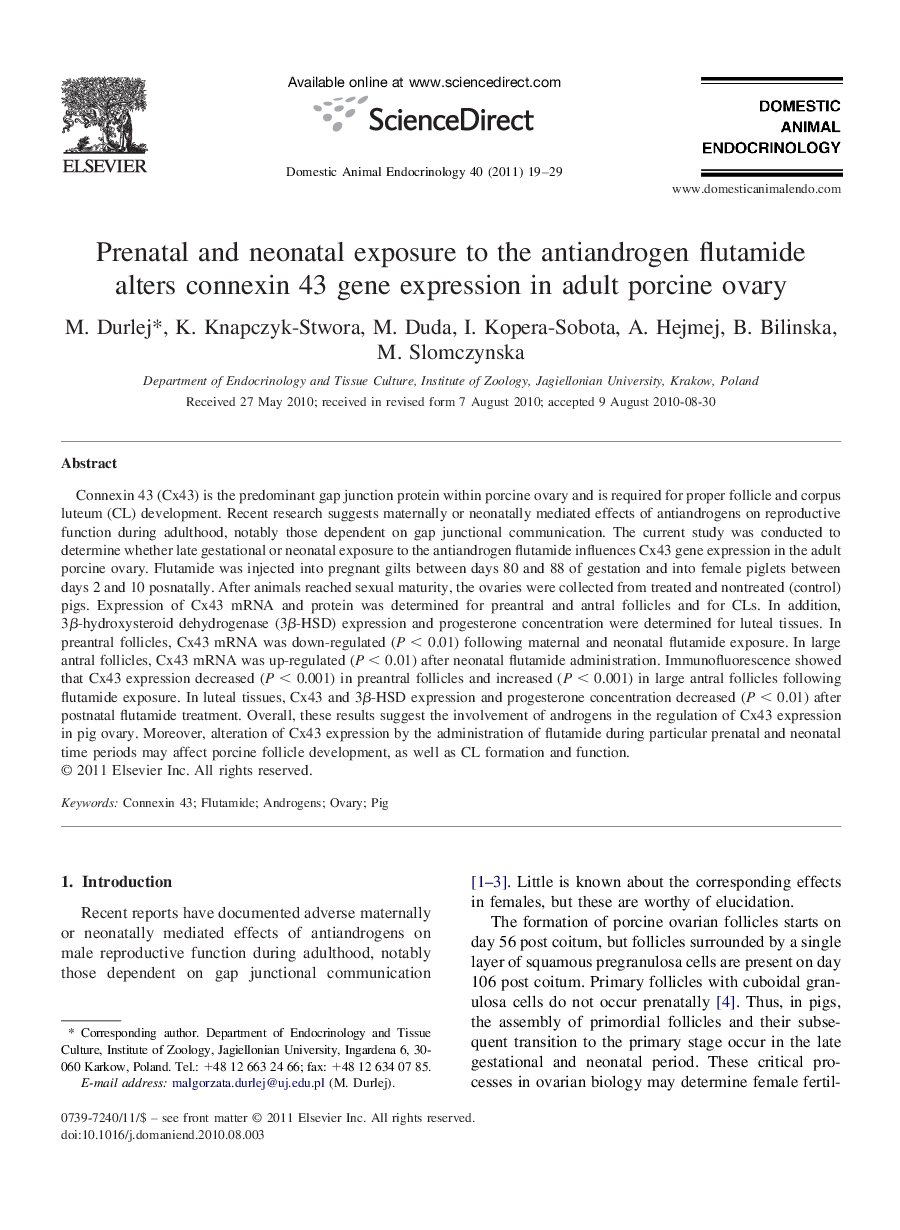 Prenatal and neonatal exposure to the antiandrogen flutamide alters connexin 43 gene expression in adult porcine ovary