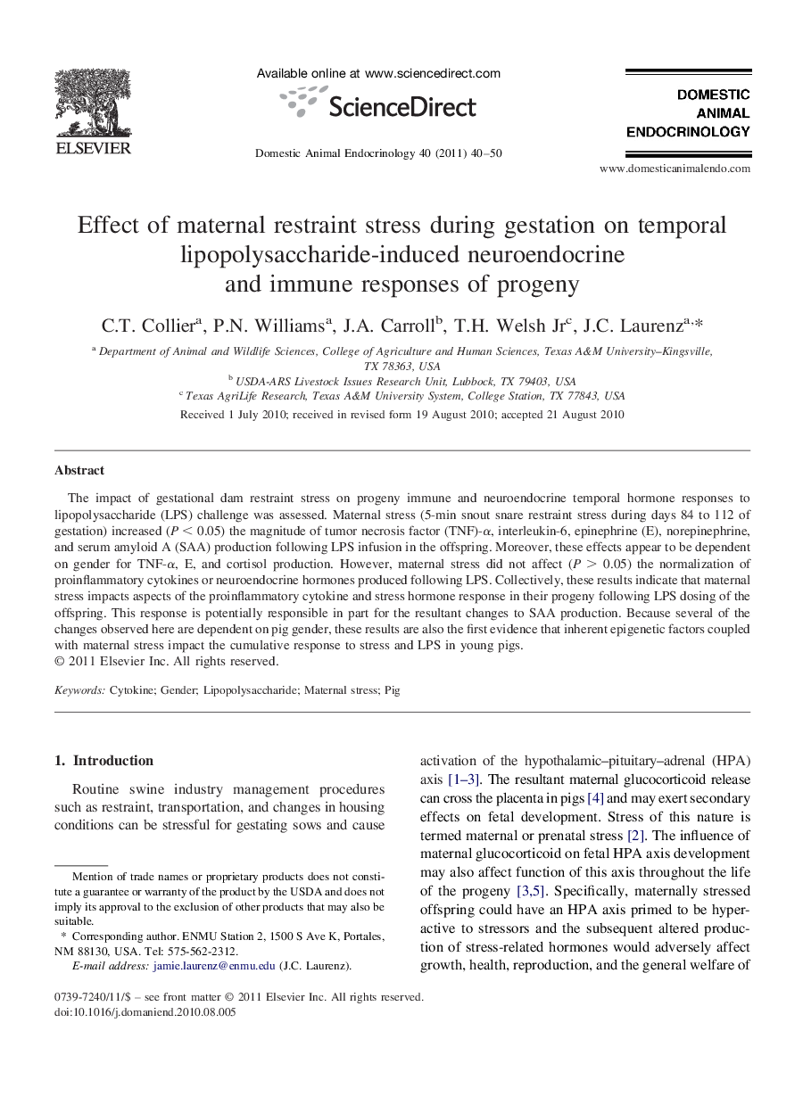 Effect of maternal restraint stress during gestation on temporal lipopolysaccharide-induced neuroendocrine and immune responses of progeny 