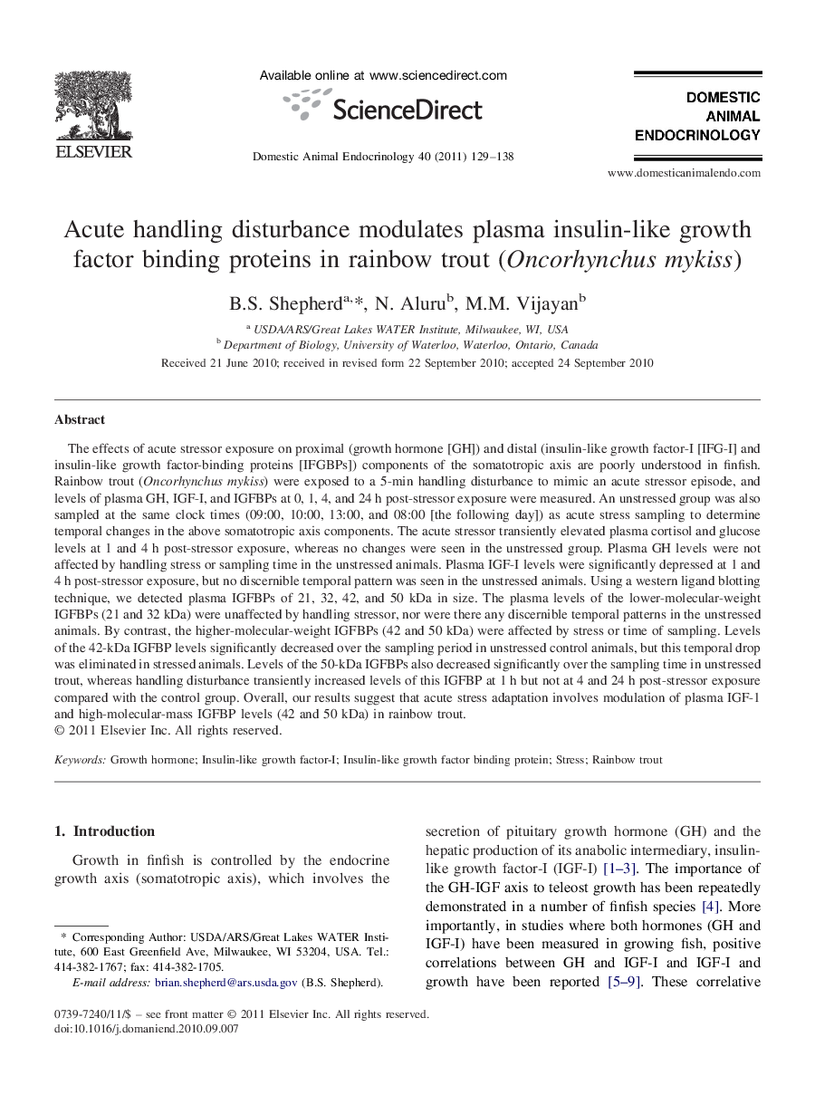 Acute handling disturbance modulates plasma insulin-like growth factor binding proteins in rainbow trout (Oncorhynchus mykiss)