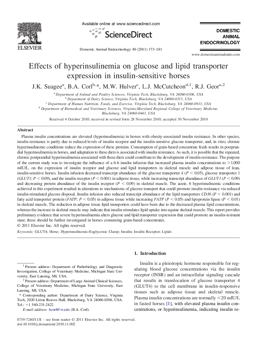 Effects of hyperinsulinemia on glucose and lipid transporter expression in insulin-sensitive horses