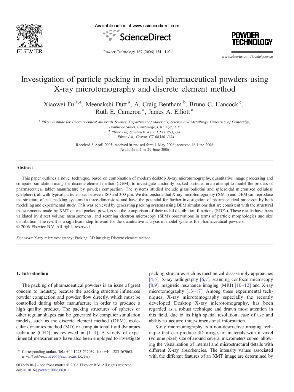 Investigation of particle packing in model pharmaceutical powders using X-ray microtomography and discrete element method