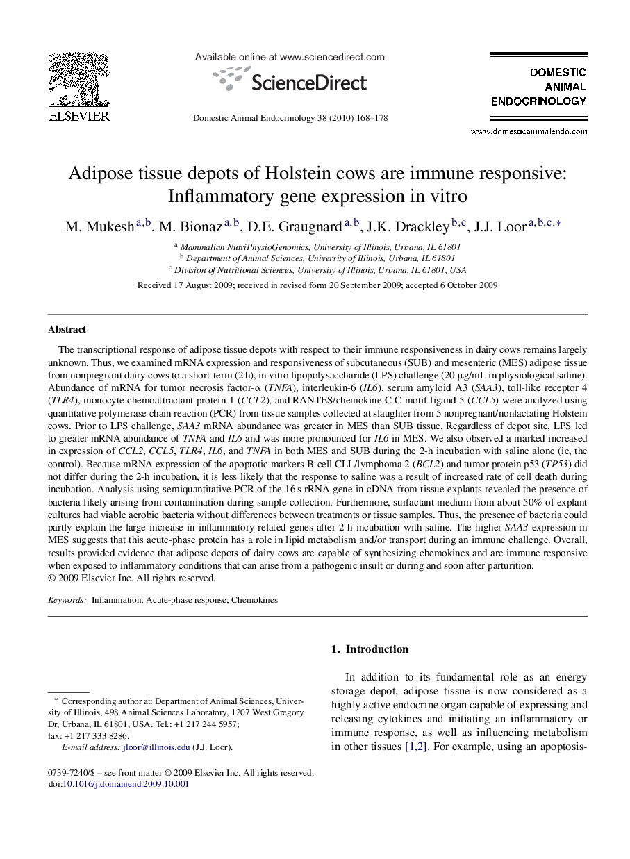 Adipose tissue depots of Holstein cows are immune responsive: Inflammatory gene expression in vitro