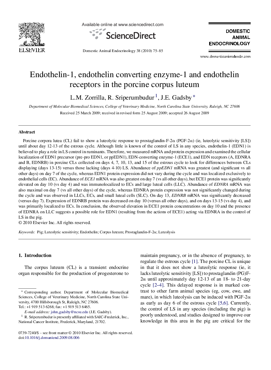 Endothelin-1, endothelin converting enzyme-1 and endothelin receptors in the porcine corpus luteum