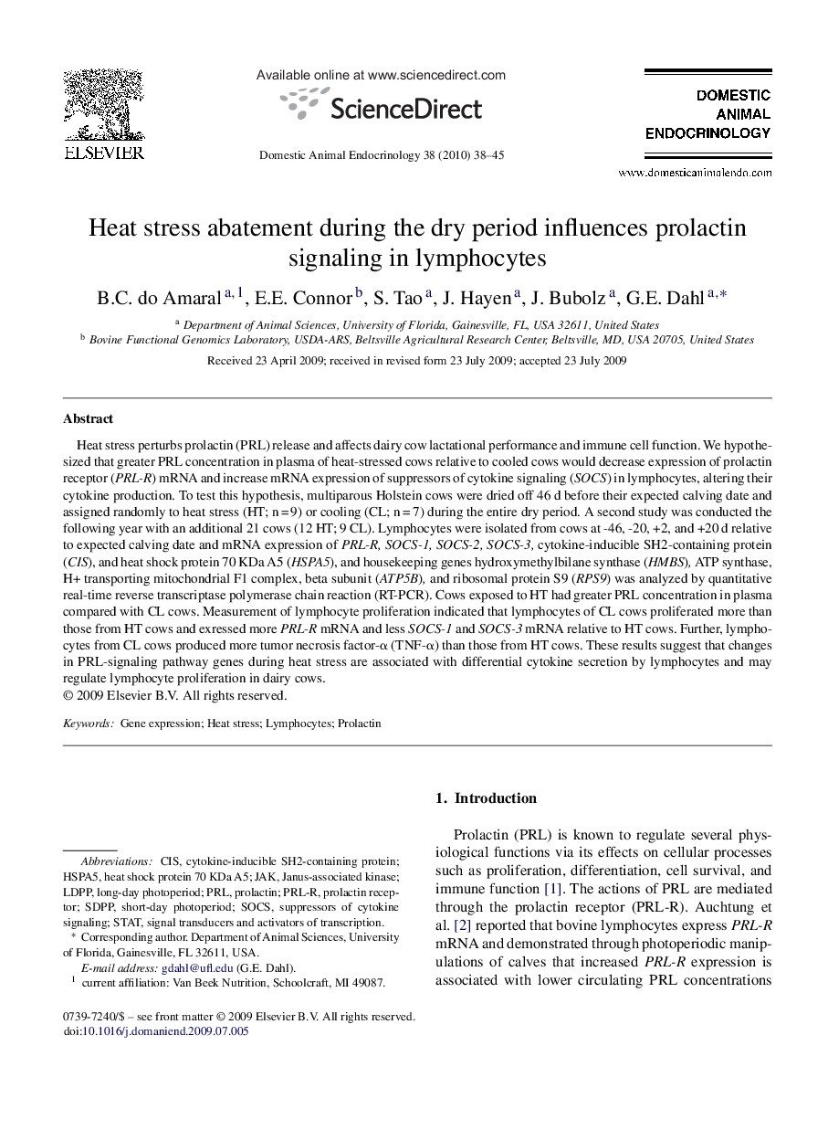 Heat stress abatement during the dry period influences prolactin signaling in lymphocytes