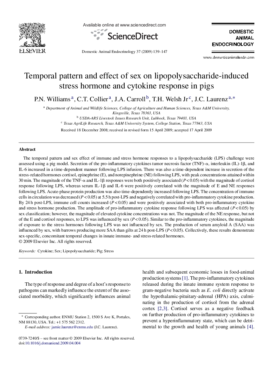 Temporal pattern and effect of sex on lipopolysaccharide-induced stress hormone and cytokine response in pigs