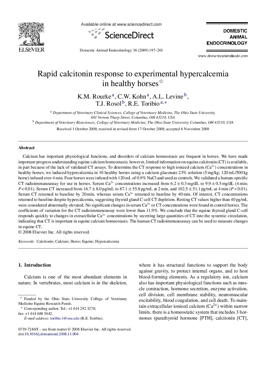 Rapid calcitonin response to experimental hypercalcemia in healthy horses 