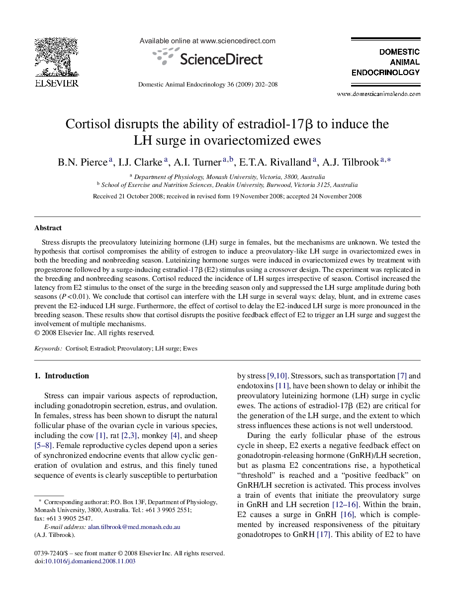 Cortisol disrupts the ability of estradiol-17β to induce the LH surge in ovariectomized ewes