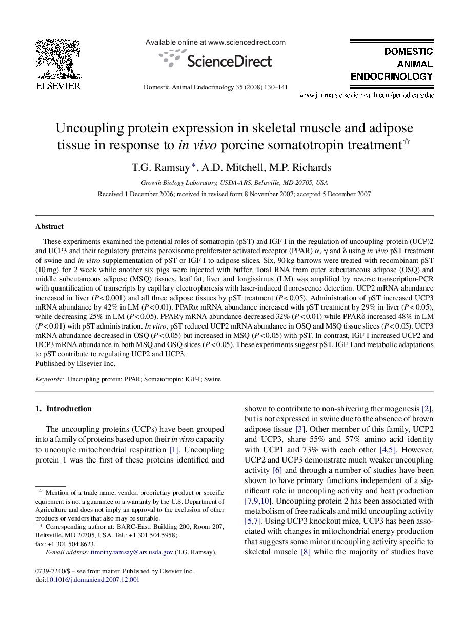 Uncoupling protein expression in skeletal muscle and adipose tissue in response to in vivo porcine somatotropin treatment 