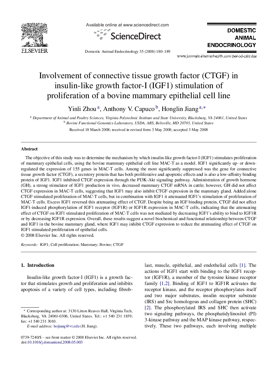 Involvement of connective tissue growth factor (CTGF) in insulin-like growth factor-I (IGF1) stimulation of proliferation of a bovine mammary epithelial cell line