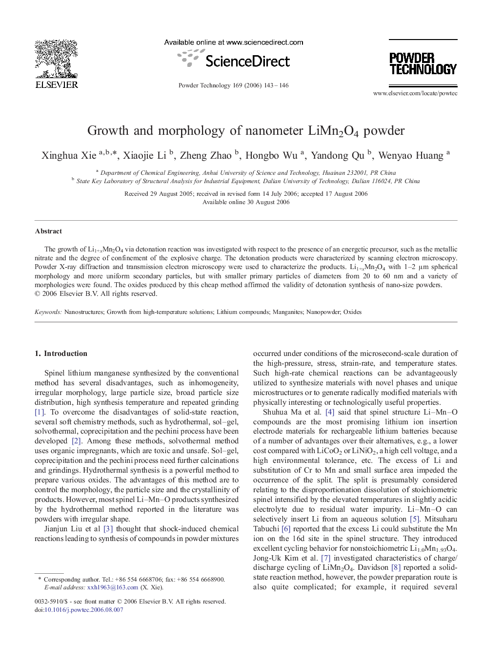 عکس صفحه اول مقاله: Growth and morphology of nanometer LiMn2O4 powder Growth and morphology of nanometer LiMn2O4 powder