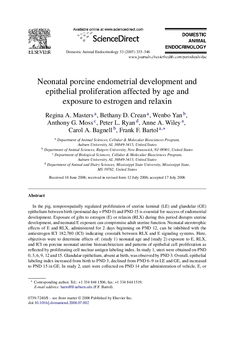 Neonatal porcine endometrial development and epithelial proliferation affected by age and exposure to estrogen and relaxin