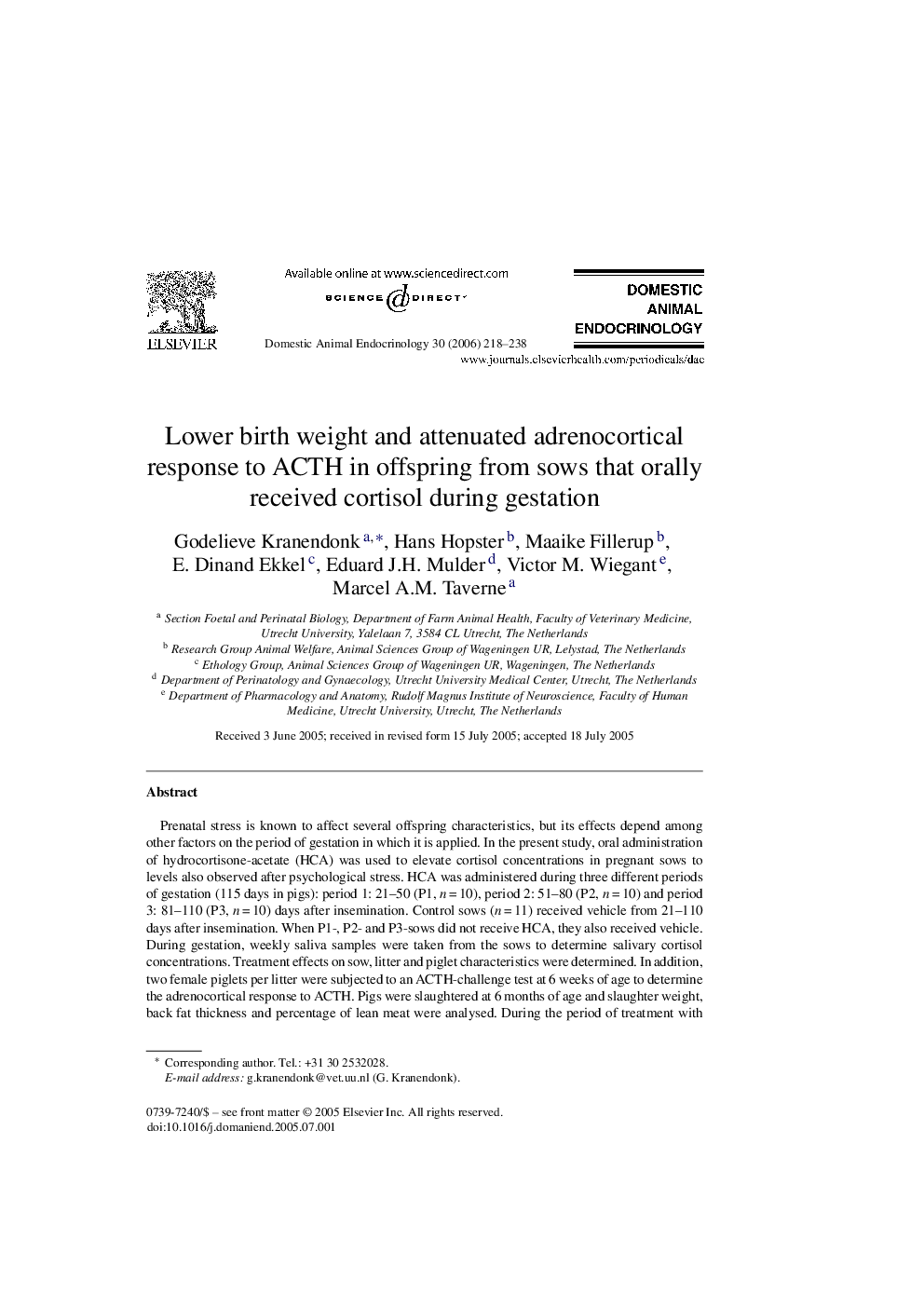 Lower birth weight and attenuated adrenocortical response to ACTH in offspring from sows that orally received cortisol during gestation