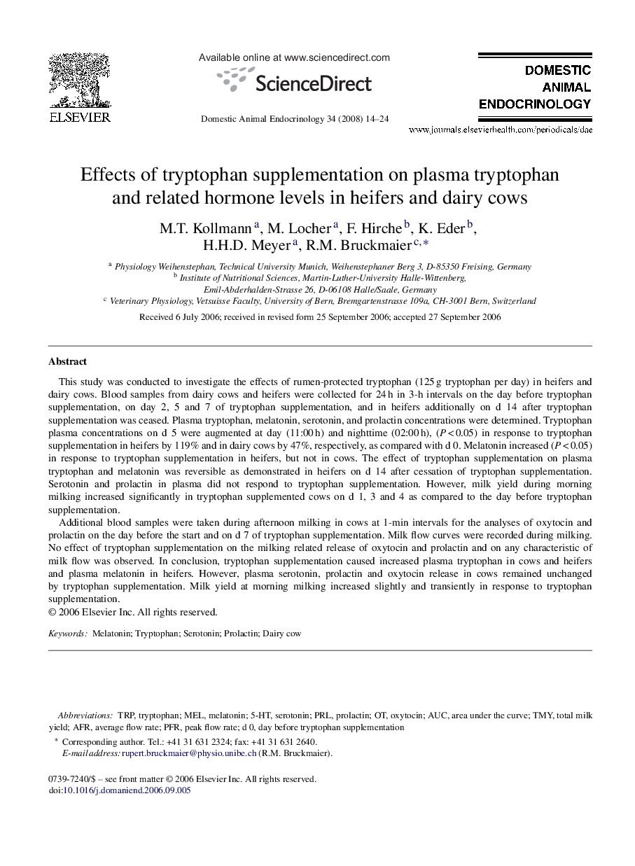 Effects of tryptophan supplementation on plasma tryptophan and related hormone levels in heifers and dairy cows