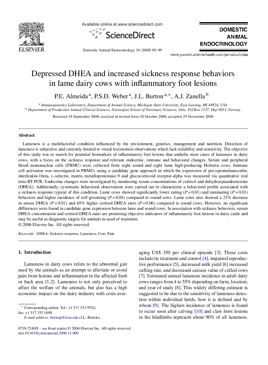 Depressed DHEA and increased sickness response behaviors in lame dairy cows with inflammatory foot lesions