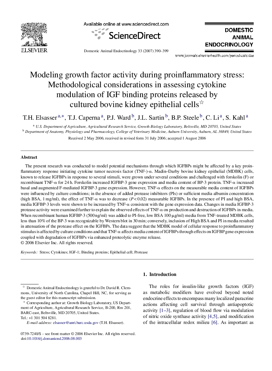 Modeling growth factor activity during proinflammatory stress: Methodological considerations in assessing cytokine modulation of IGF binding proteins released by cultured bovine kidney epithelial cells 