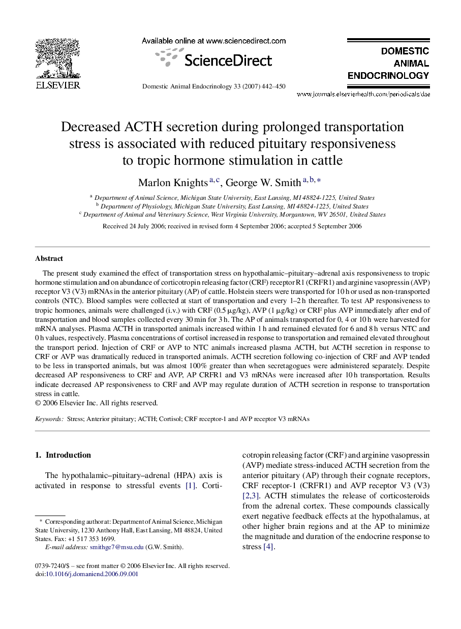 Decreased ACTH secretion during prolonged transportation stress is associated with reduced pituitary responsiveness to tropic hormone stimulation in cattle