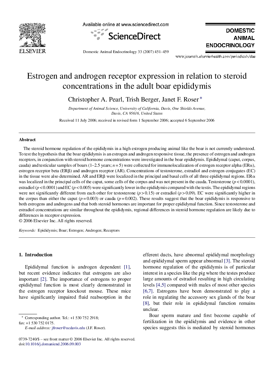 Estrogen and androgen receptor expression in relation to steroid concentrations in the adult boar epididymis