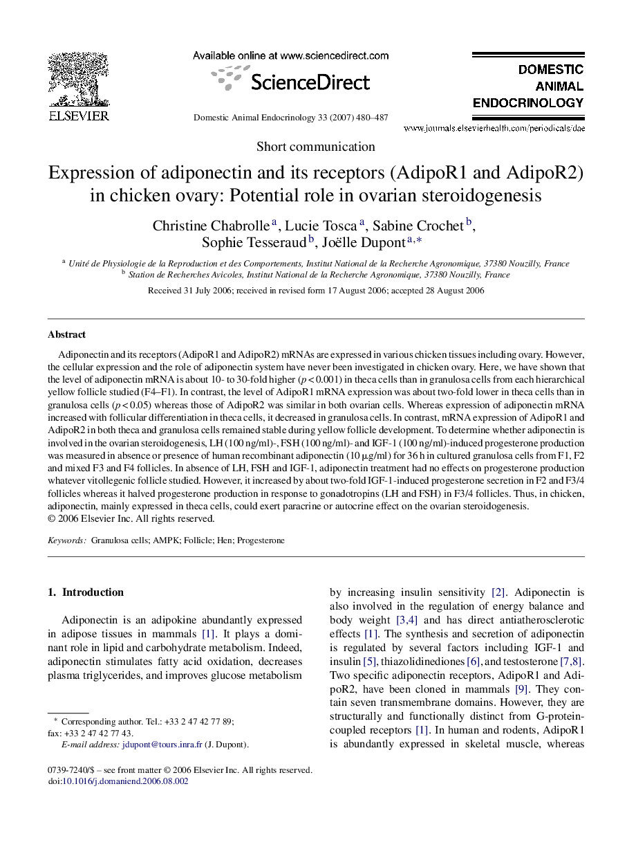 Expression of adiponectin and its receptors (AdipoR1 and AdipoR2) in chicken ovary: Potential role in ovarian steroidogenesis