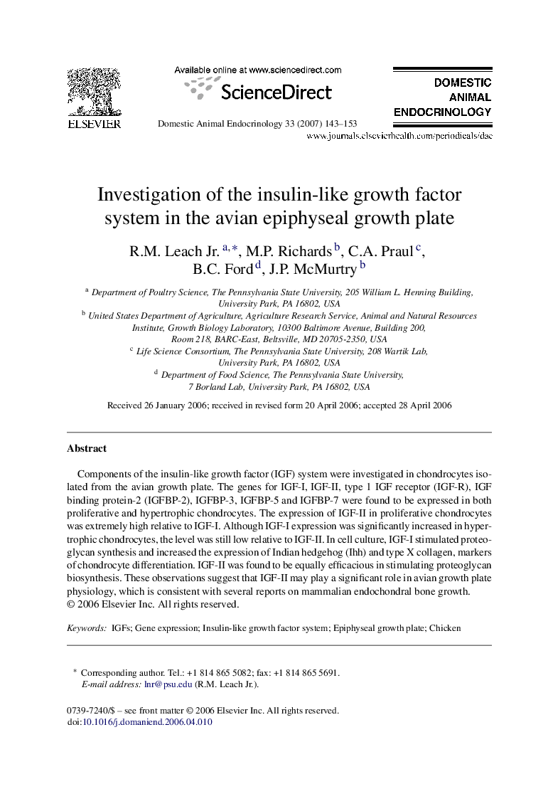 Investigation of the insulin-like growth factor system in the avian epiphyseal growth plate