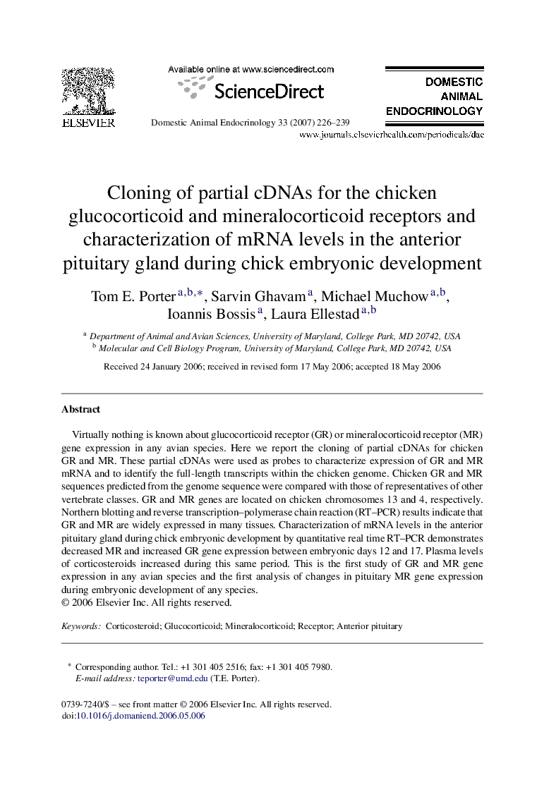 Cloning of partial cDNAs for the chicken glucocorticoid and mineralocorticoid receptors and characterization of mRNA levels in the anterior pituitary gland during chick embryonic development