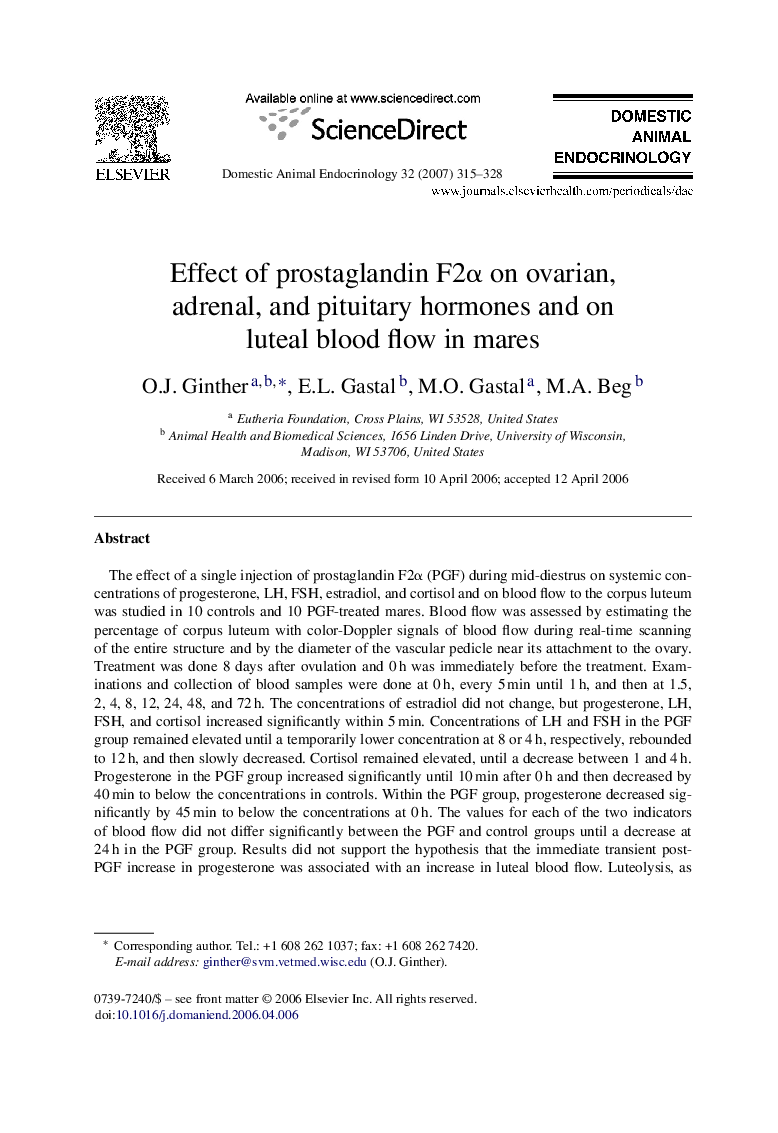 Effect of prostaglandin F2α on ovarian, adrenal, and pituitary hormones and on luteal blood flow in mares