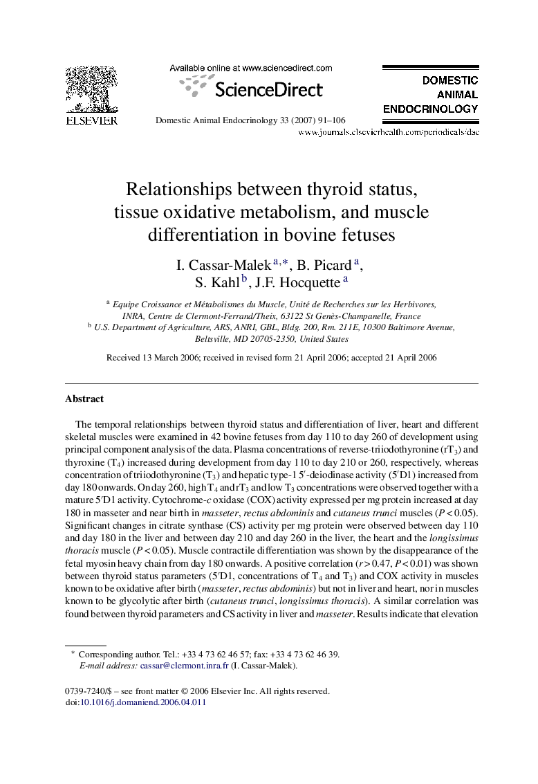 Relationships between thyroid status, tissue oxidative metabolism, and muscle differentiation in bovine fetuses