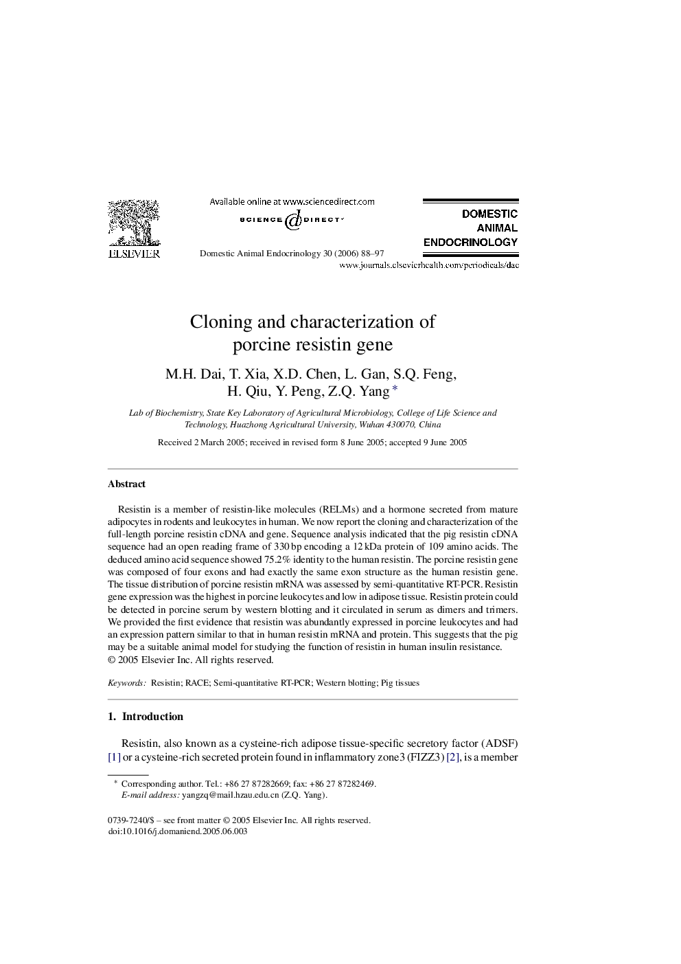 Cloning and characterization of porcine resistin gene