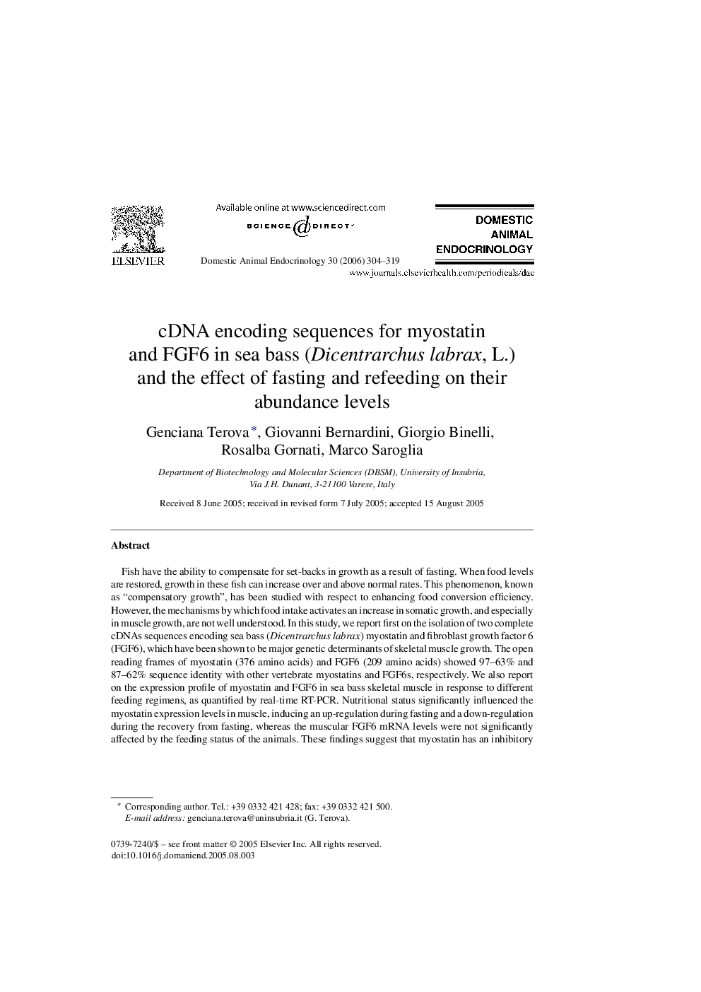 cDNA encoding sequences for myostatin and FGF6 in sea bass (Dicentrarchus labrax, L.) and the effect of fasting and refeeding on their abundance levels