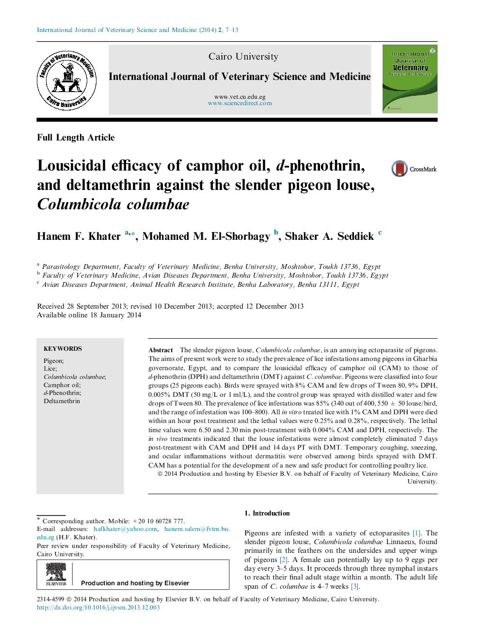 Lousicidal efficacy of camphor oil, d-phenothrin, and deltamethrin against the slender pigeon louse, Columbicola columbae 