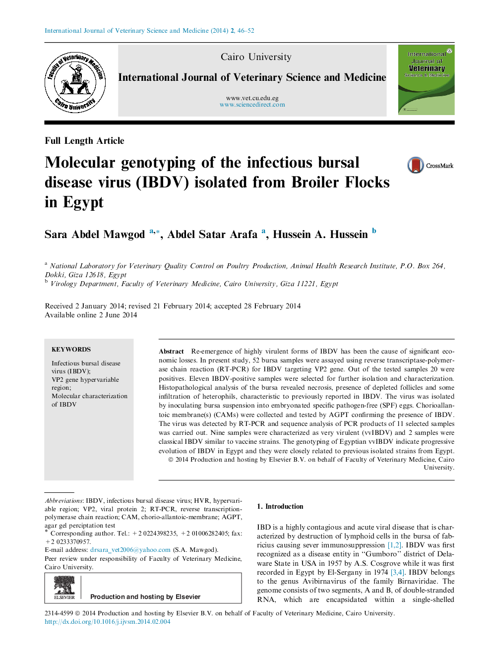 Molecular genotyping of the infectious bursal disease virus (IBDV) isolated from Broiler Flocks in Egypt 