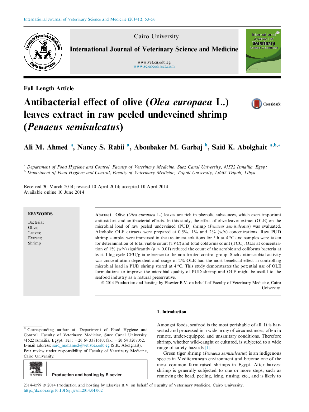 Antibacterial effect of olive (Olea europaea L.) leaves extract in raw peeled undeveined shrimp (Penaeus semisulcatus) 