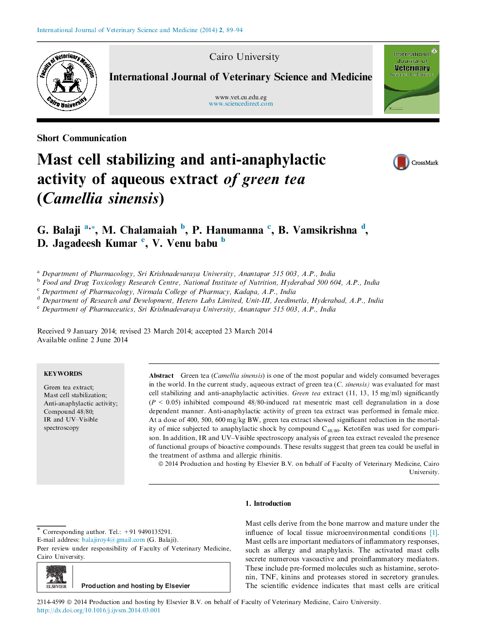 Mast cell stabilizing and anti-anaphylactic activity of aqueous extract of green tea (Camellia sinensis) 