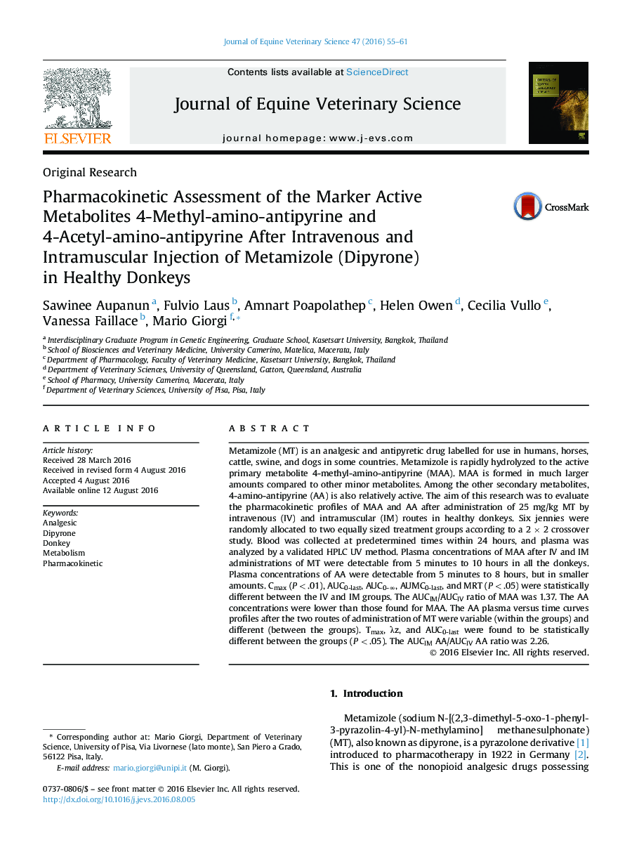 Pharmacokinetic Assessment of the Marker Active Metabolites 4-Methyl-amino-antipyrine and 4-Acetyl-amino-antipyrine After Intravenous and Intramuscular Injection of Metamizole (Dipyrone) in Healthy Donkeys