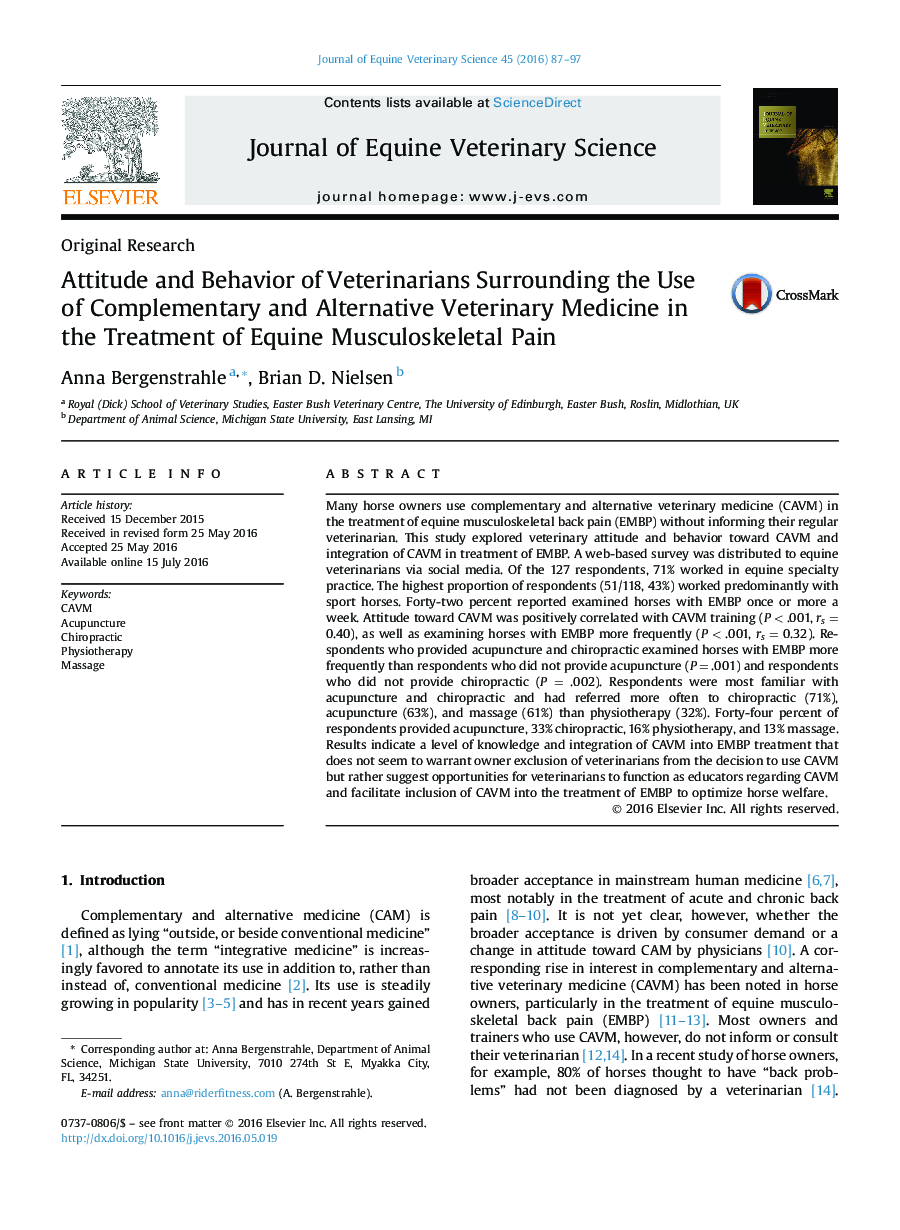 Attitude and Behavior of Veterinarians Surrounding the Use of Complementary and Alternative Veterinary Medicine in the Treatment of Equine Musculoskeletal Pain