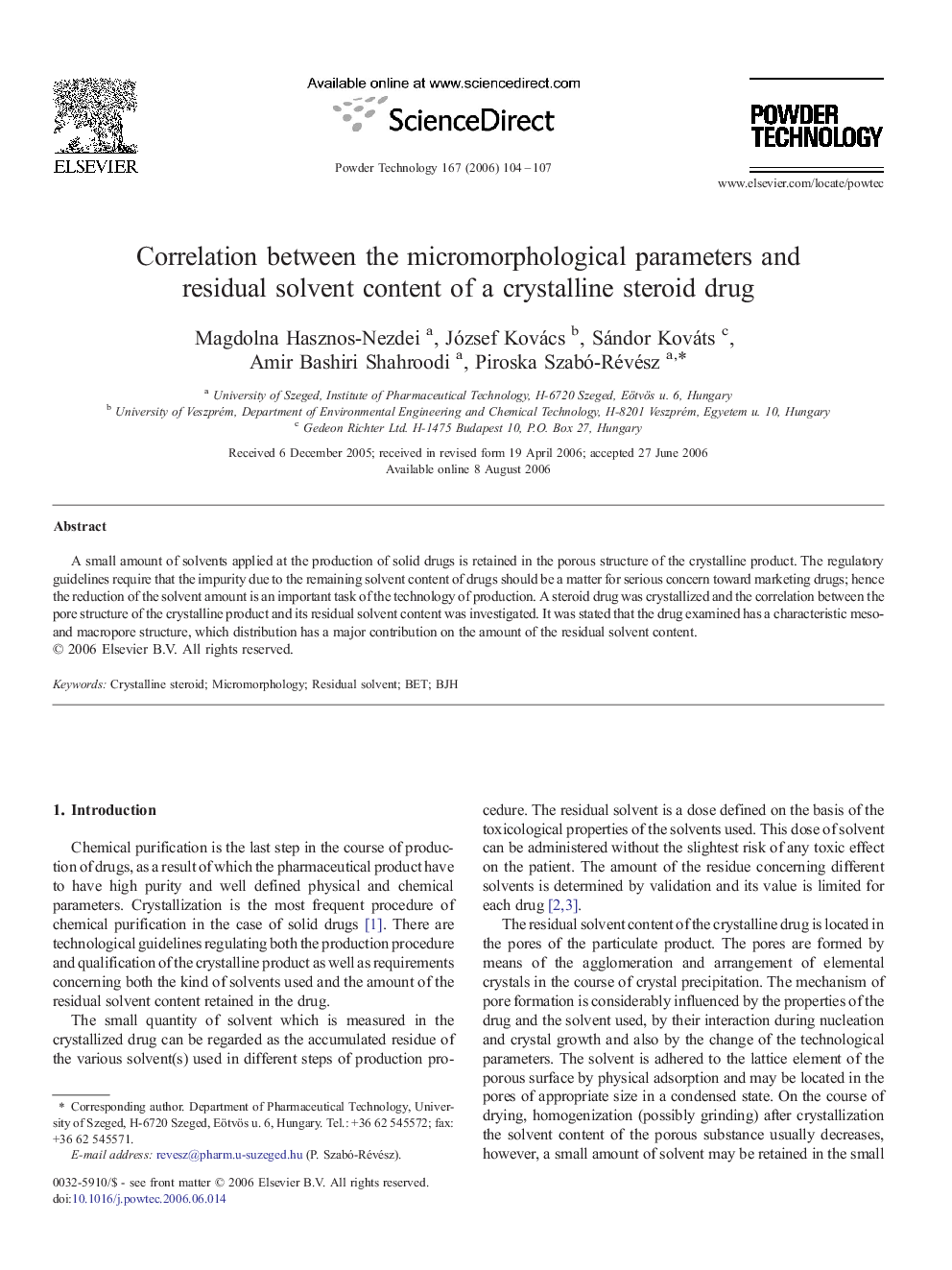 Correlation between the micromorphological parameters and residual solvent content of a crystalline steroid drug