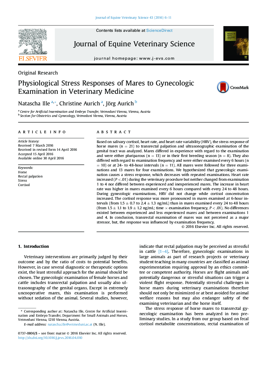 Physiological Stress Responses of Mares to Gynecologic Examination in Veterinary Medicine