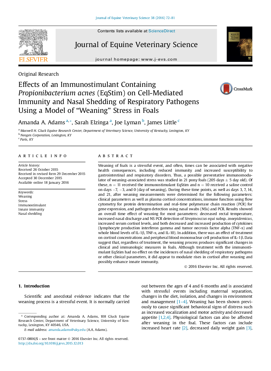 Effects of an Immunostimulant Containing Propionibacterium acnes (EqStim) on Cell-Mediated Immunity and Nasal Shedding of Respiratory Pathogens Using a Model of “Weaning” Stress in Foals