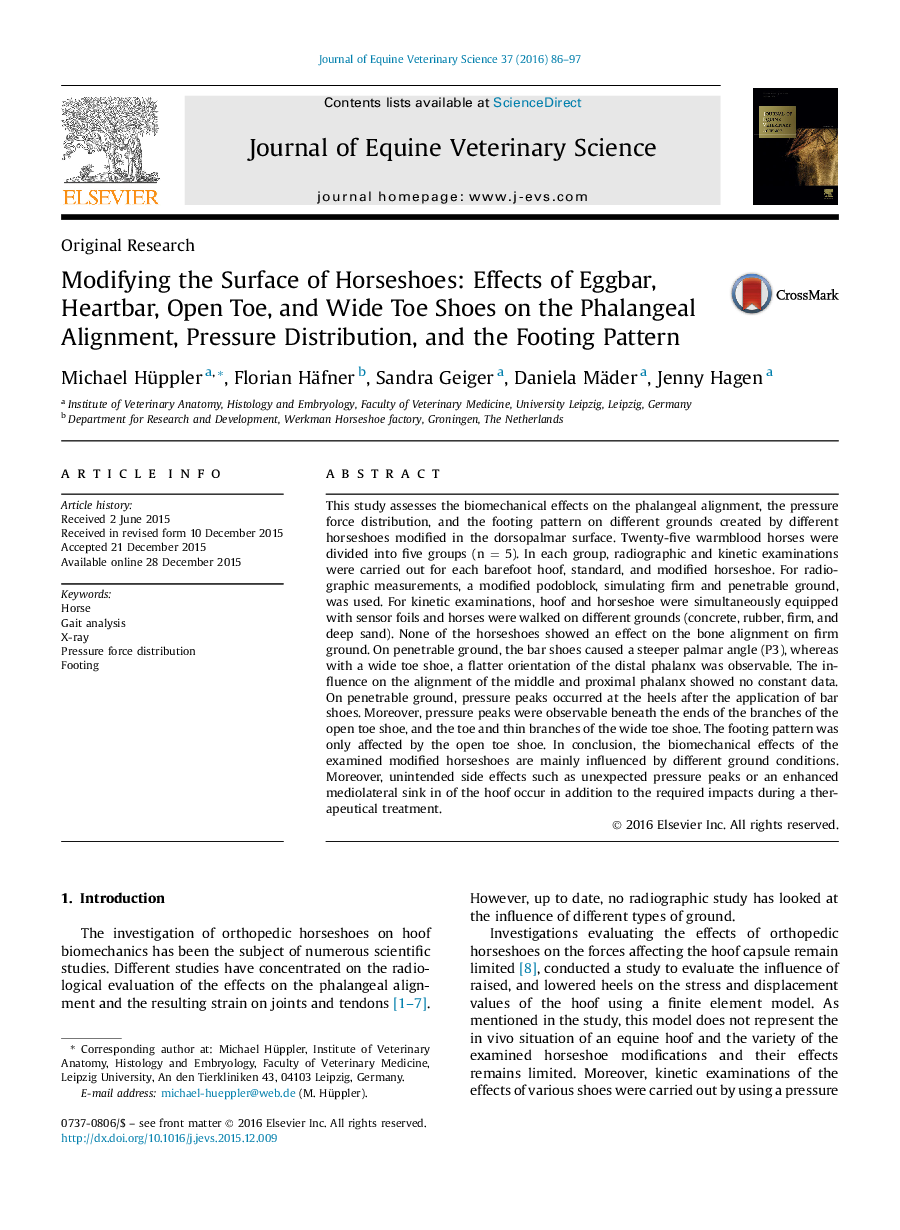 Modifying the Surface of Horseshoes: Effects of Eggbar, Heartbar, Open Toe, and Wide Toe Shoes on the Phalangeal Alignment, Pressure Distribution, and the Footing Pattern