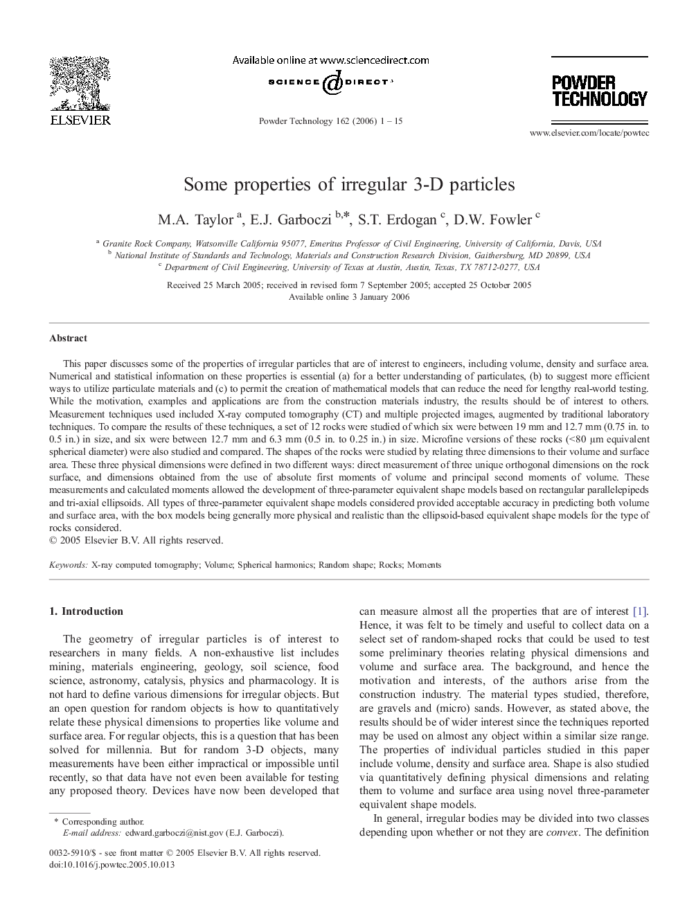 Some properties of irregular 3-D particles