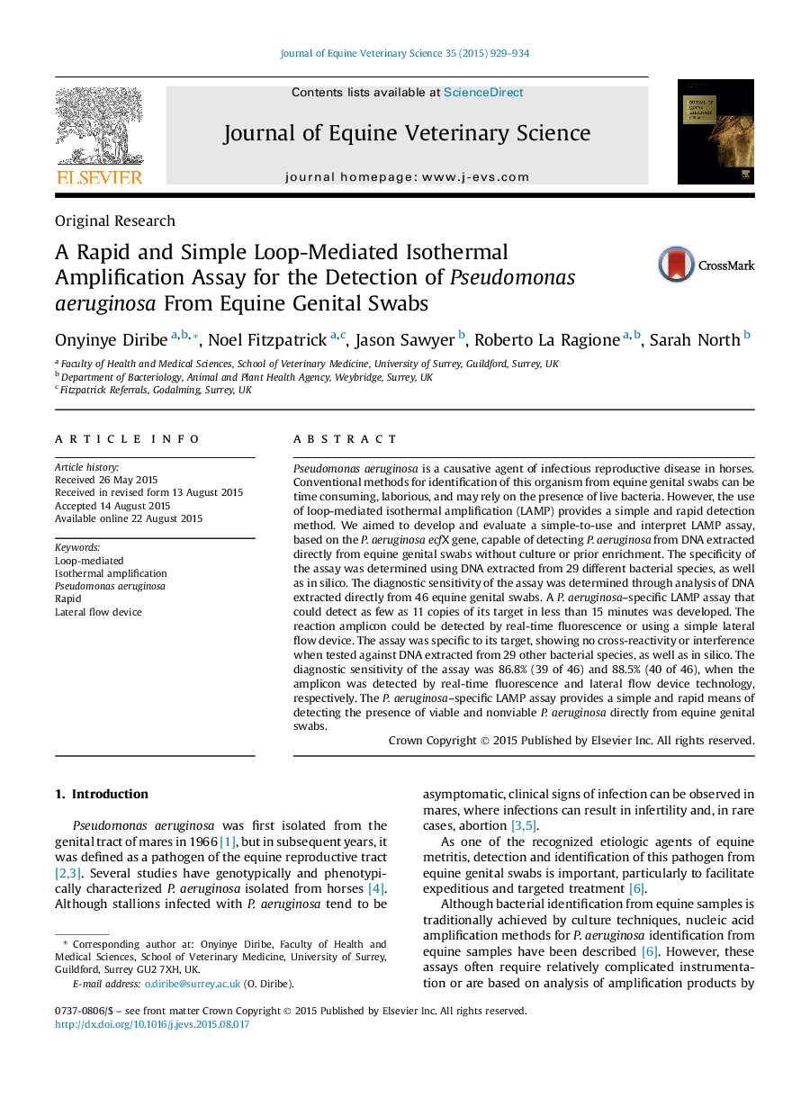 A Rapid and Simple Loop-Mediated Isothermal Amplification Assay for the Detection of Pseudomonas aeruginosa From Equine Genital Swabs