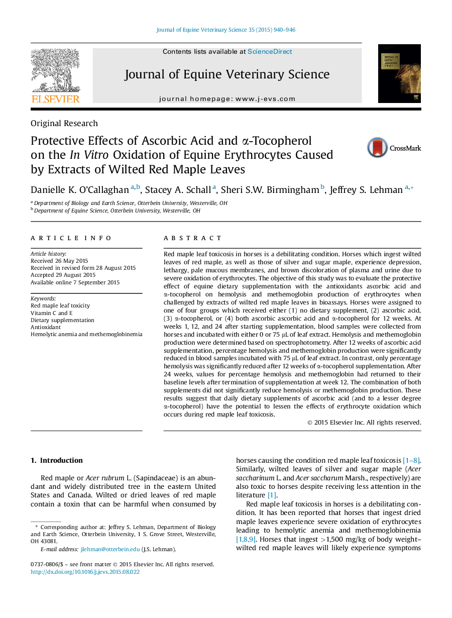 Protective Effects of Ascorbic Acid and α-Tocopherol on the In Vitro Oxidation of Equine Erythrocytes Caused by Extracts of Wilted Red Maple Leaves