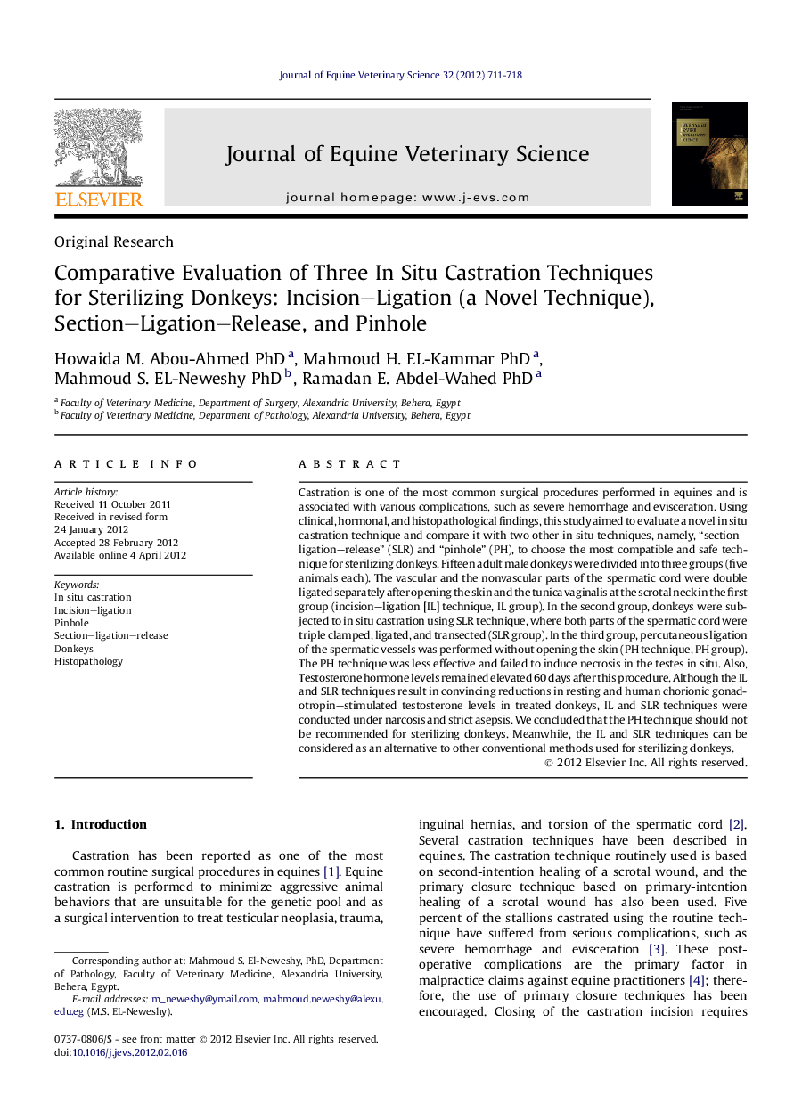 Comparative Evaluation of Three In Situ Castration Techniques for Sterilizing Donkeys: Incision–Ligation (a Novel Technique), Section–Ligation–Release, and Pinhole