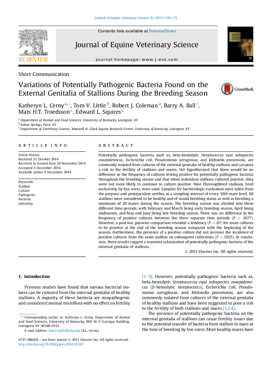 Variations of Potentially Pathogenic Bacteria Found on the External Genitalia of Stallions During the Breeding Season