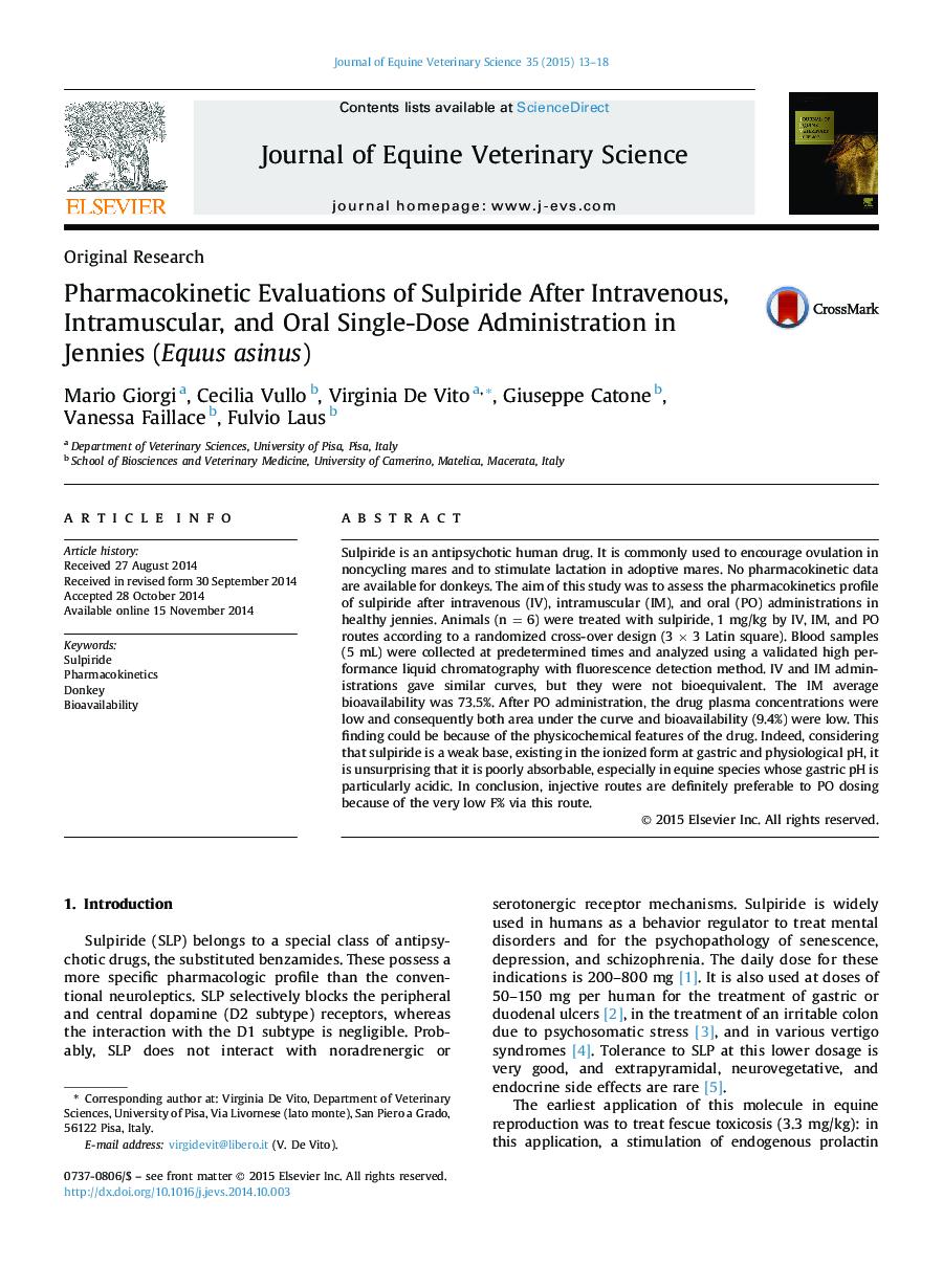 Pharmacokinetic Evaluations of Sulpiride After Intravenous, Intramuscular, and Oral Single-Dose Administration in Jennies (Equus asinus)