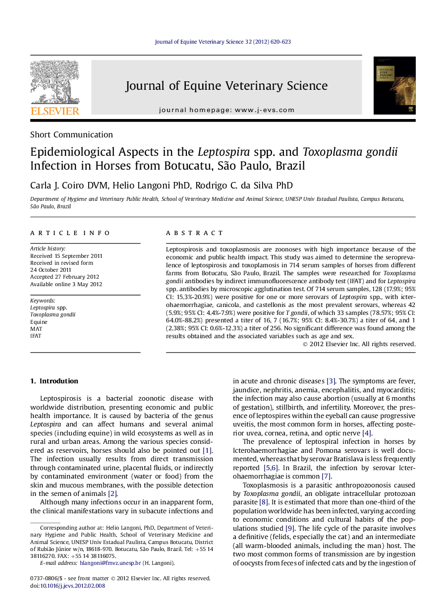 Epidemiological Aspects in the Leptospira spp. and Toxoplasma gondii Infection in Horses from Botucatu, São Paulo, Brazil