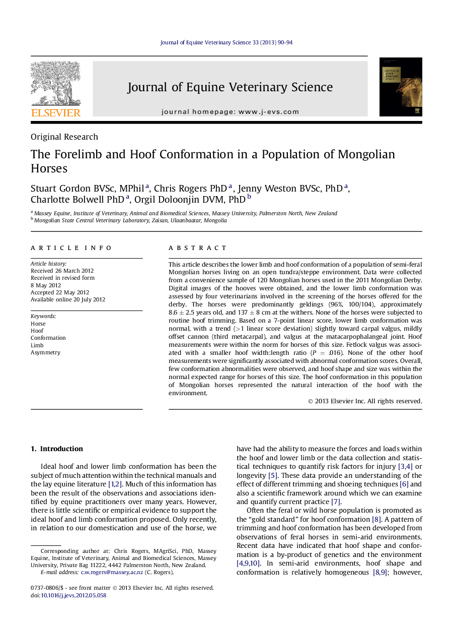 The Forelimb and Hoof Conformation in a Population of Mongolian Horses