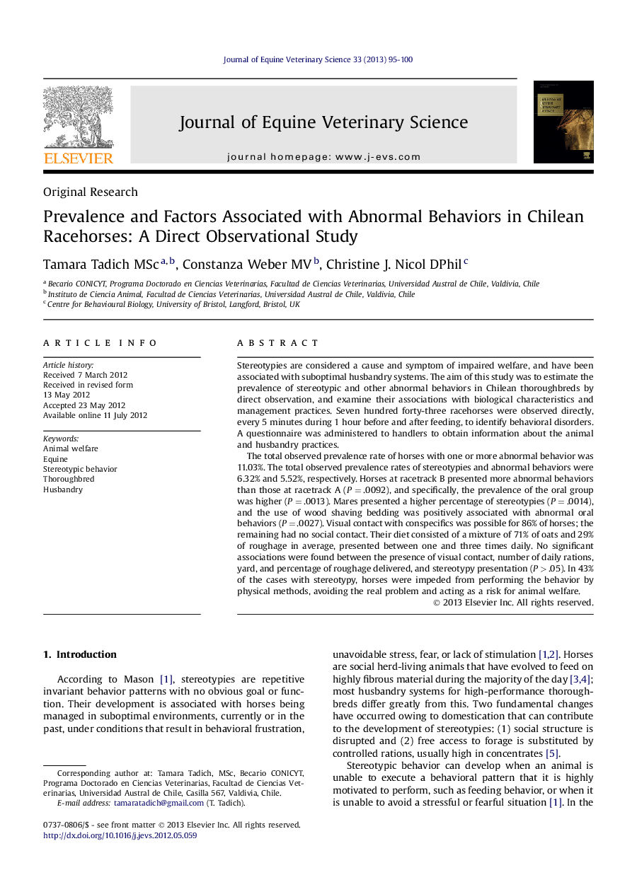 Prevalence and Factors Associated with Abnormal Behaviors in Chilean Racehorses: A Direct Observational Study