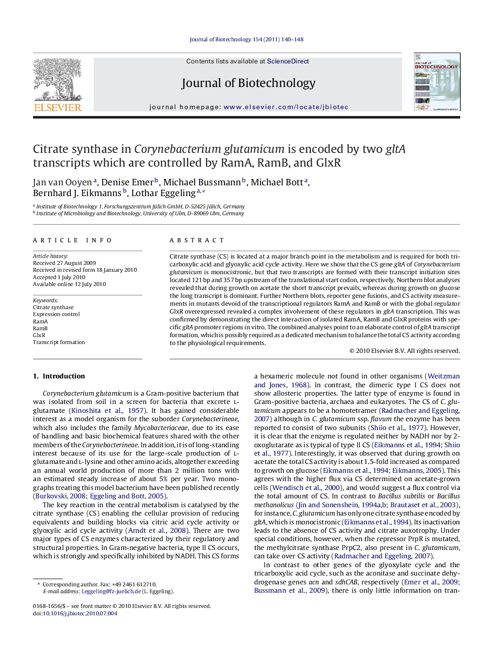 Citrate synthase in Corynebacterium glutamicum is encoded by two gltA transcripts which are controlled by RamA, RamB, and GlxR