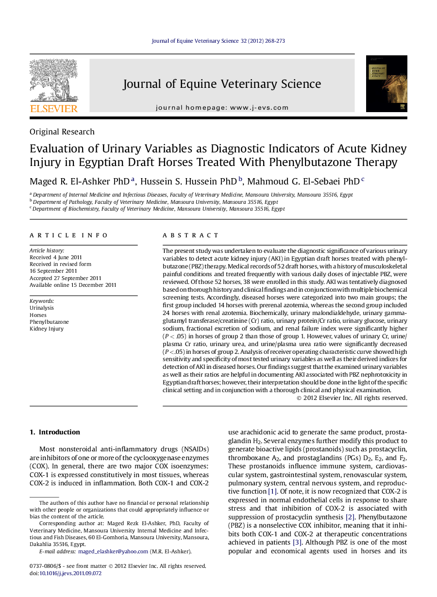 Evaluation of Urinary Variables as Diagnostic Indicators of Acute Kidney Injury in Egyptian Draft Horses Treated With Phenylbutazone Therapy 